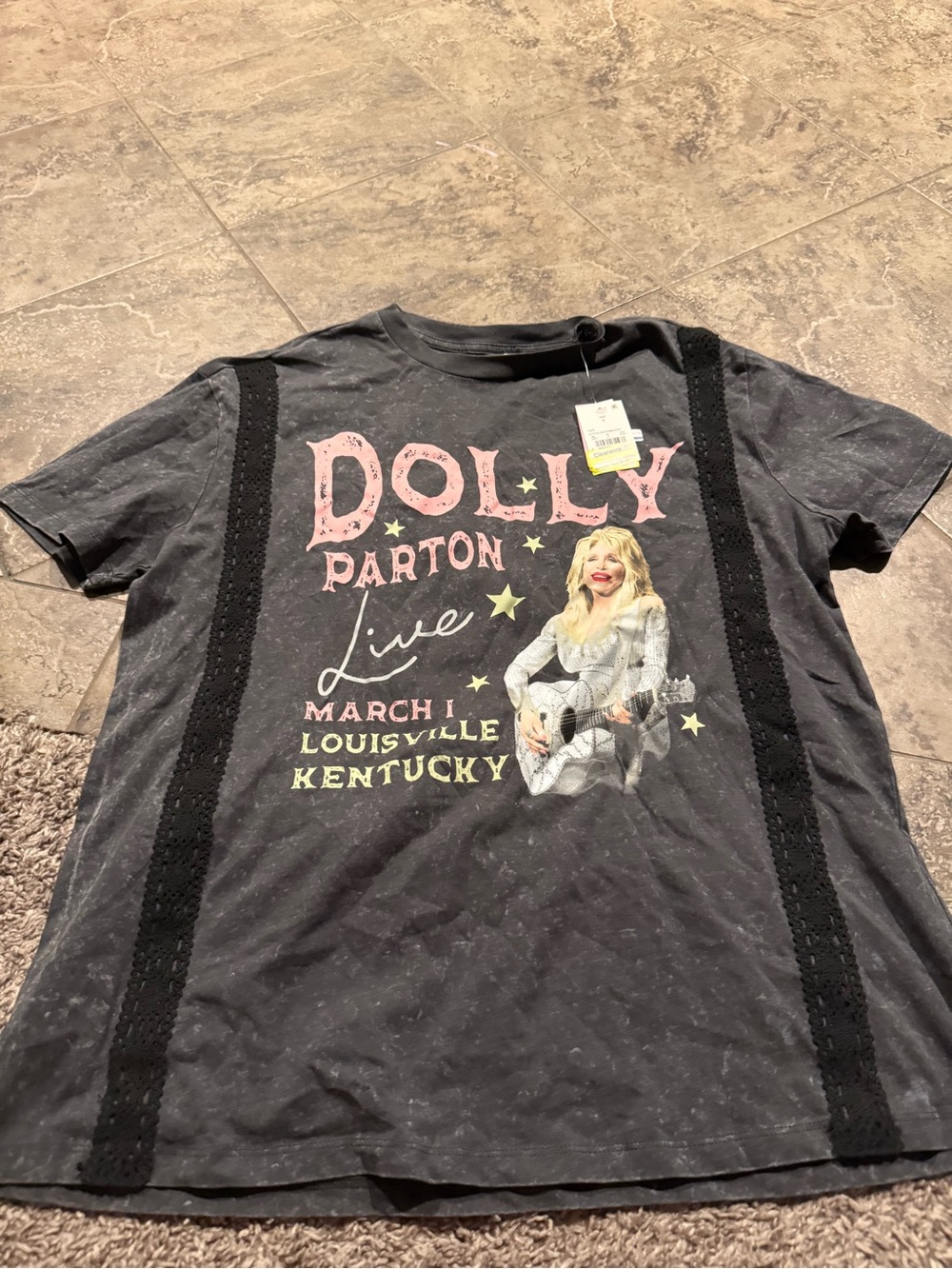 💜Dolly Parton Tour Tee with lace  - Black with Pinkish red & Yellow Print